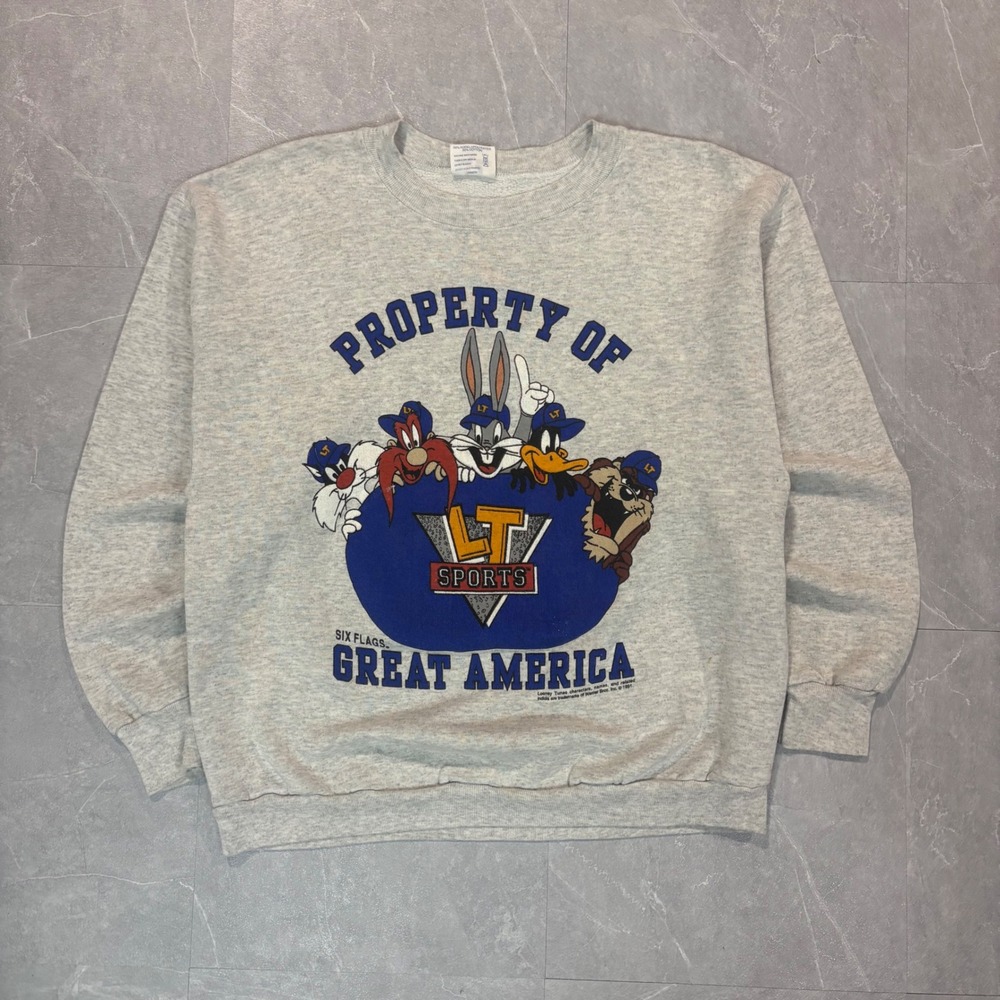 Vintage 1991 Looney Tunes Six Flags Great America Sweatshirt Tee Jays XL Grey